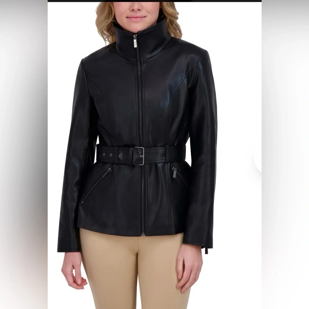 NWT Kenneth Cole Black Faux Leather Belted Jacket Size L